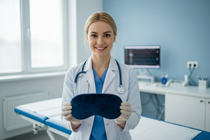 make a real life image of a blonde female doctor holding the dream beats sleep mask from my product images on my store. use the exact image from the product page